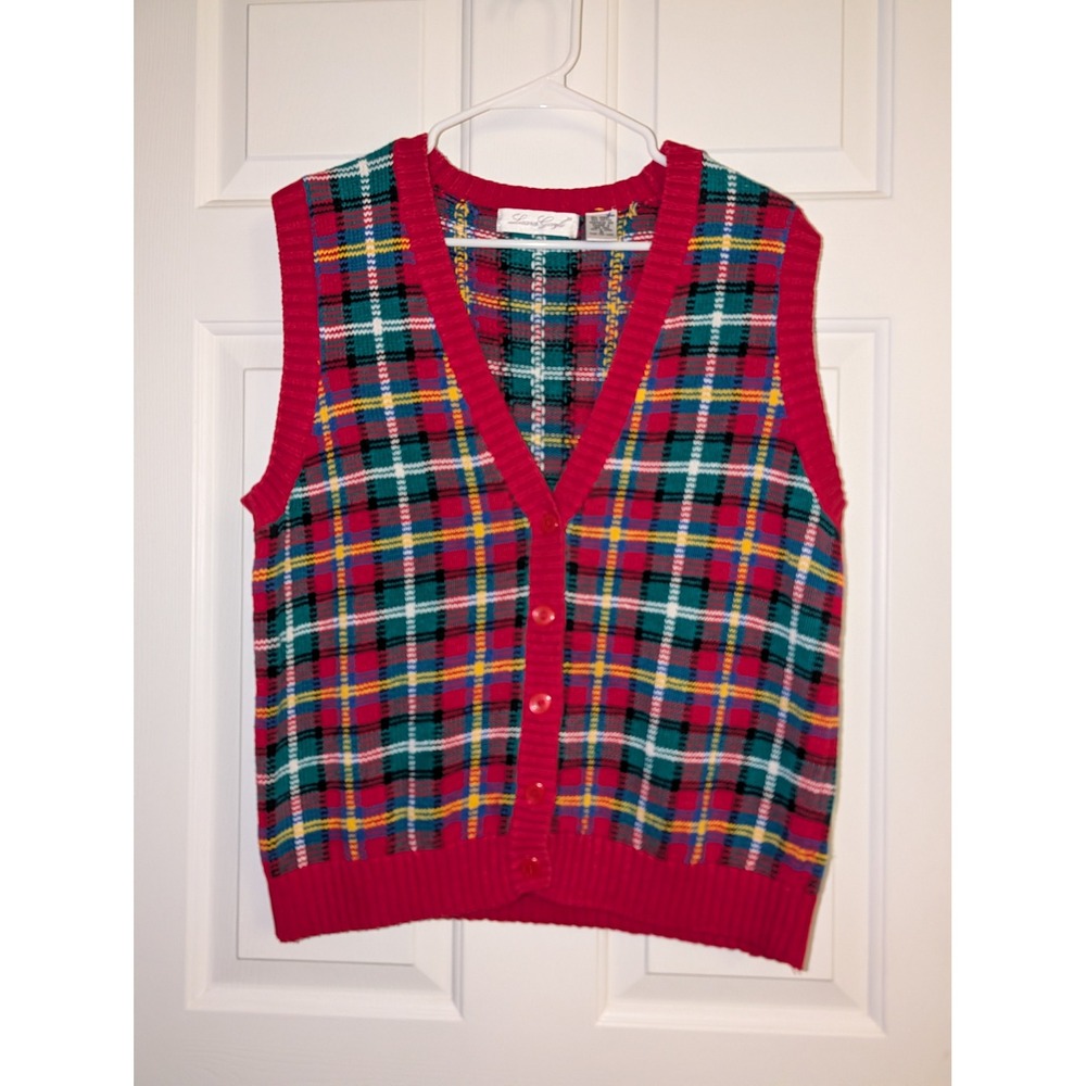 Laura Gayle Vintage Plaid Sweater Vest Red Green Knit Grandpacore Preppy Medium